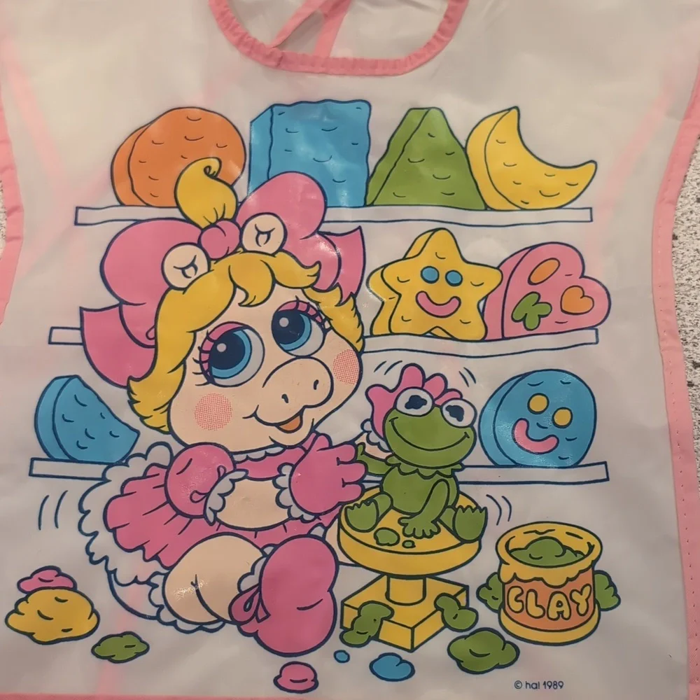 Vintage 1989 Vinyl Bib Miss Piggy And Kermit The Frog Arm Holes Food Catcher